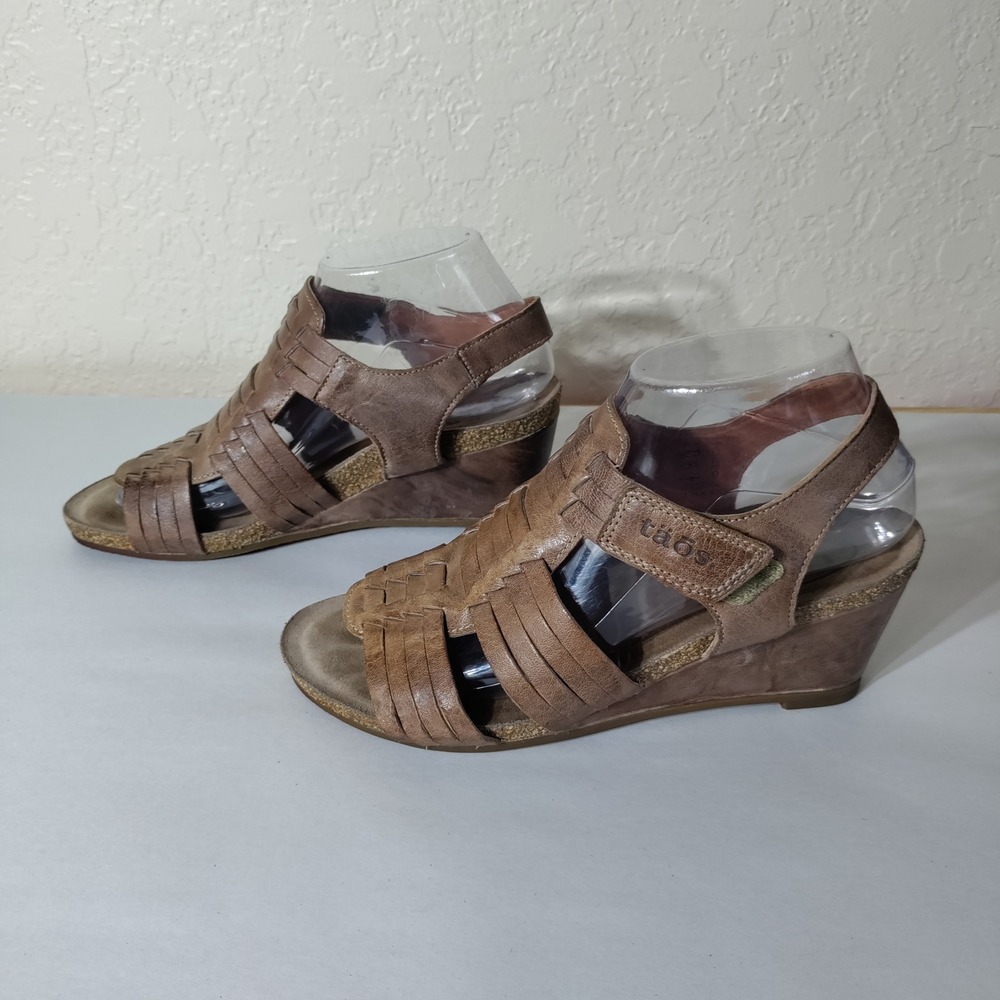 Taos‎ Tradition TRD-5581 Brown Leather Woven Wedge Sandals Womens 7-7.5 EU 38
